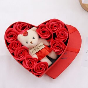Heart - Shaped Soap Flower & Bear Gift Box