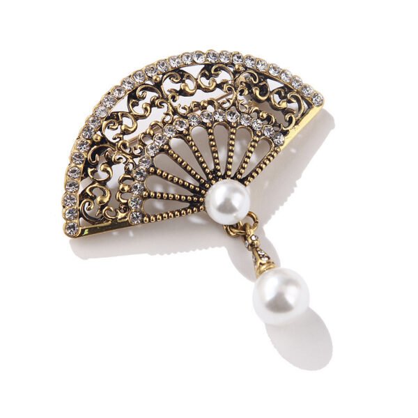 Retro Fan - Shaped Pearl & Zircon Brooch - Image 2