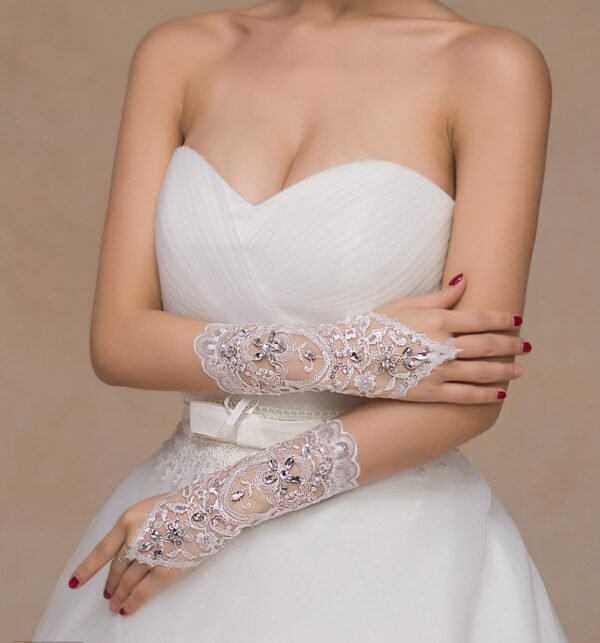 Bridal Lace Rhinestone Wedding Gloves - Image 2