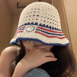 Women's Striped Bucket Hat - Hollow Breathable Cotton Thread Sun Protection Cap