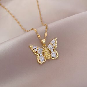 Titanium Steel Butterfly Zircon Necklace