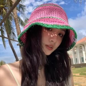 Women's Color - Matching Sweet Woven Straw Bucket Hat - Beach Sun - Proof & Breathable