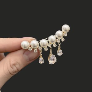 Elegant Pearl & Zircon Tassel Brooch