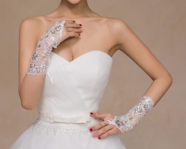 Bridal Lace Rhinestone Wedding Gloves - Image 3
