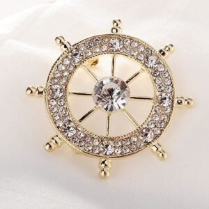 Rhinestone Ship Wheel Brooch