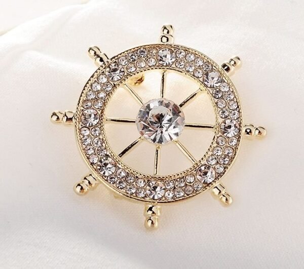 Rhinestone Ship Wheel Brooch