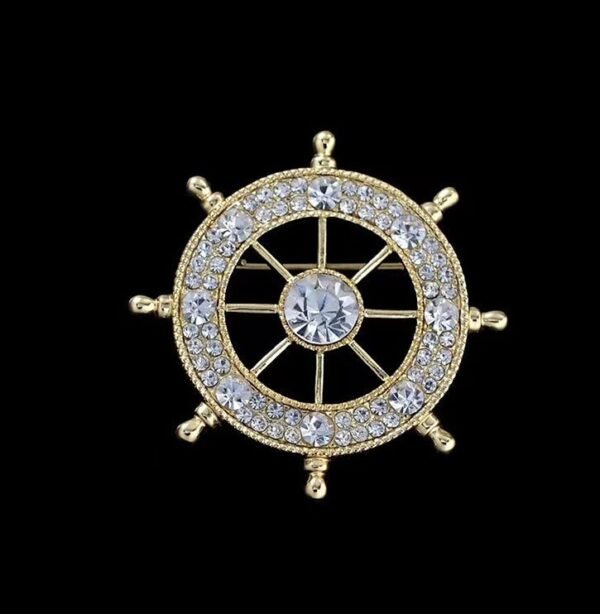 Rhinestone Ship Wheel Brooch - Image 4